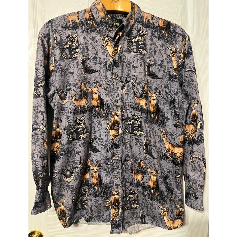 RedHead Mens XL Deer Hunting Archer Graphic Button Down Shirt Long Sleeve Grey